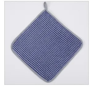 Thickened absorbent cleaning dish cloth with striped design and hanging loop for kitchen use.