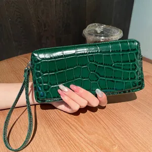 Donne Vera Pelle Motivo Coccodrillo Portafoglio Lungo Cerniera Pochette Borsa Telefono Polso Moda Borsa a Mano