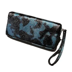 Portafoglio Lungo in Pelle da Donna Pochette con Cerniera Polsino Blu Nero Motivo Pelle