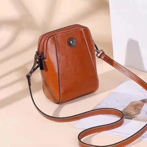 Retro women oil wax leather crossbody bag, vintage shoulder handbag with double zipper.
