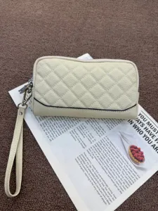 Genuine leather quilted long wallet for women with wrist strap, zip clutch coin purse.