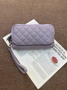 Genuine leather quilted long wallet for women, stylish purple zip phone wristlet clutch bag.