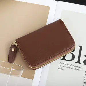 Tarjetero de Cuero Genuino para Mujer Monedero Compacto Múltiples Ranuras Billetera Cremallera Piel de Vaca Minimalista