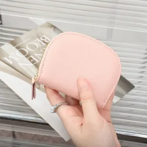 Pink leather mini coin purse with zipper closure for women cute daily card holder