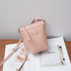 Pink leather small crossbody bag, women's versatile shoulder bag with metal plaque accent.