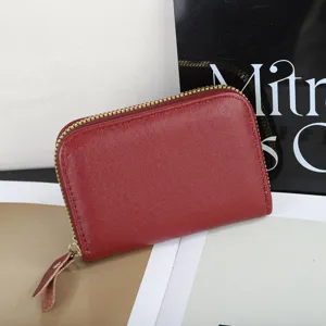 Monedero de cuero rojo cartera compacta con cremallera tarjetero de piel auténtica