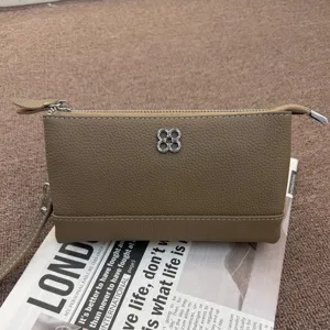 Genuine top layer leather women clutch wallet multifunction phone bag stylish casual khaki purse
