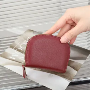Genuine leather mini coin purse women small zipper card holder wine red wallet casual chic