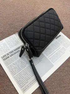 Black genuine leather quilted double zipper wallet chic clutch wristlet daily purse