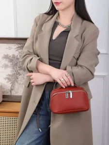 Red genuine leather cosmetic bag for women, stylish top handle zipper makeup pouch daily use