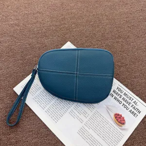 Genuine leather blue wristlet pouch women coin purse casual mini handbag card holder detail