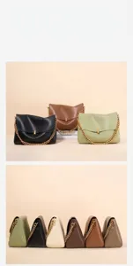 Leather chain shoulder bag detail showing multiple color options, soft texture and metallic clasp.