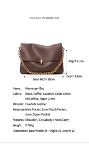 Close-up details of the brown leather messenger bag showing spacious interior structure.