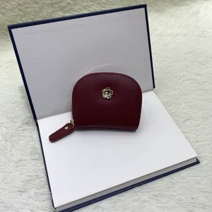 Genuine leather mini coin purse for women, dark red half-round card holder with cute flower charm.