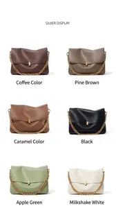 Multiple color options detail of stylish leather chain shoulder bag with metal clasp closure.