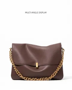 Brown leather shoulder bag with chunky gold chain strap and metal clasp for daily commuting