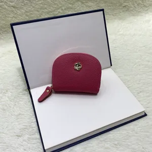 Pink genuine leather mini coin purse card holder with cute metal flower zipper closure