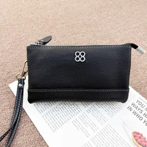 Black genuine leather coin purse clutch phone bag with stylish clover hardware, minimalist.