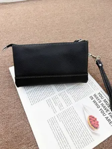 Black genuine leather wristlet clutch purse, minimalist multi-functional wallet phone bag.