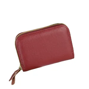 Monedero compacto de cuero genuino rojo con cremallera tarjetero para mujer vista principal