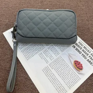 Grey genuine leather quilted long wallet with wrist strap, elegant zipper purse for women.