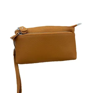 Genuine leather wristlet clutch purse for women, brown multi-zipper daily phone wallet bag.
