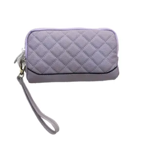 Purple quilted leather wallet women long zipper wristlet bag genuine leather phone purse