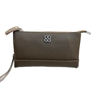 Genuine leather women wristlet clutch, brown multi-functional coin purse with chic clover decor.