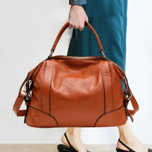 Women's Genuine Leather Boston Handbag Top Layer Cowhide Shoulder Crossbody Bag Large Capacity Commuter Tote Bag
