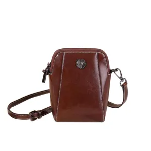 Women oil-wax cowhide crossbody bag retro casual single shoulder phone purse main