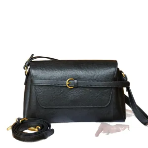 Schwarze Umhängetasche aus echtem Leder für Damen, Vintage Retro Crossbody Tasche mit Metall.