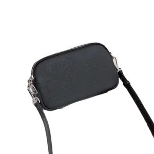 Black genuine leather crossbody camera bag for women, versatile shoulder bag with silver hardware