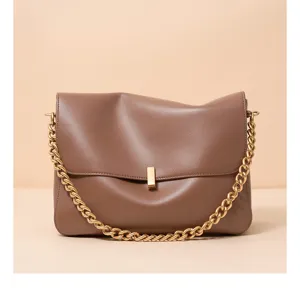 Elegant brown leather shoulder bag with gold chain strap, large capacity commute handbag.