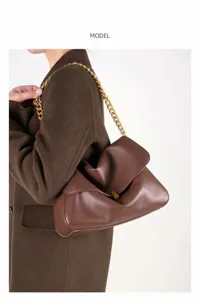 Women brown leather shoulder bag large capacity slouchy chain crossbody bag commute.