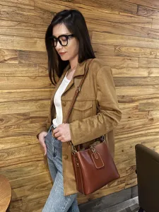 Classic genuine leather bucket bag for women, vintage crossbody shoulder bag daily commute.