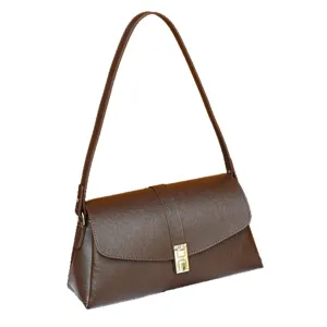 Brown leather shoulder bag vintage baguette bag elegant flap crossbody bag for women