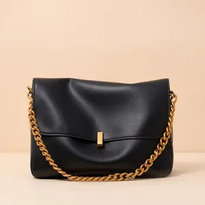 Black Leather Shoulder Bag with Gold Chain and Clasp, Large Capacity Commuter Crossbody Bag