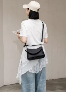 Black genuine leather crossbody shoulder bag for women, commuter hobo tote bag daily use.