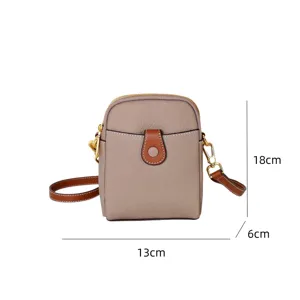 Genuine leather mini crossbody bag, stylish casual shoulder phone bag with contrast trim.