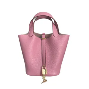 Rosa Echtleder Eimer Tasche mit goldener Hardware, elegante Handtasche für Damen Alltag.