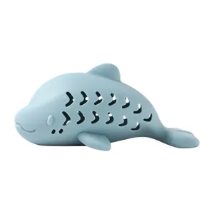 Silicone cute fish pet chew toy for cats, durable interactive food dispensing toy in blue.