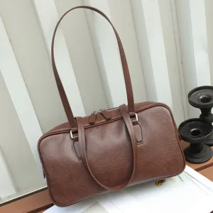 Brown leather shoulder bag vintage retro tote handbag with top handles for women daily