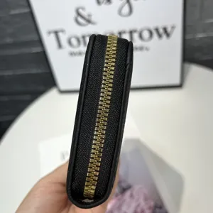 Leather wallet long women zipper detail black genuine leather fashion classic elegant purse