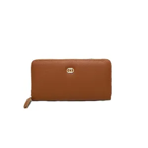 Women's brown genuine leather long wallet with zipper, fashion large capacity card holder clutch.