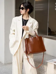 Borsa shopper grande in vera pelle bovina retro cera olio lavoro ufficio marrone da donna.