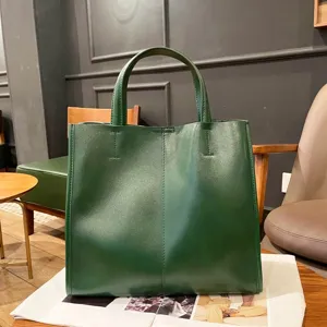Genuine leather tote bag for women, vintage vegetable tanned cowhide shoulder bag, dark green