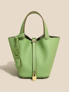 Green Genuine Leather Bucket Bag Women Luxury Designer Style Handbag Daily Tote Casual