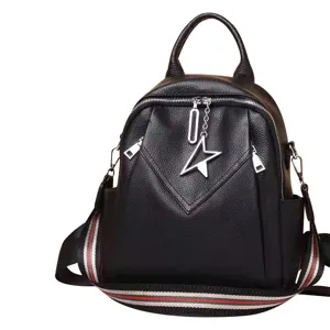 Schwarzer Damen-Rucksack aus echtem Leder, stilvoller Freizeitrucksack mit Sternanhänger.