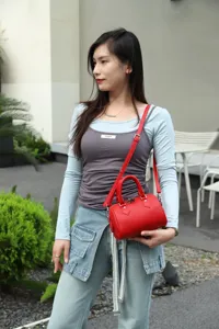 Red genuine leather Boston bag stylish crossbody pillow bag soft leather handbag for women.