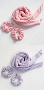 Set arricciacapelli senza calore con elastici in velluto rosa e viola per uno styling delicato.